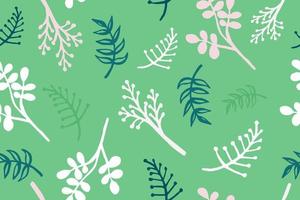 Pattern with plants, green background. Spring colorful herbal pattern. Vector illustration.