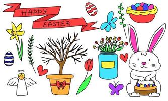 Happy Easter symbols in doodle style. Bunny, eggs, flowers. Vector illustration.