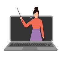 E-education conception. Teaching from laptop. Woman as teacher. Studying, learning. Vector illustration.
