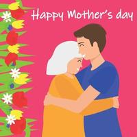 Square card or banner for Mother's Day. Old mother and adult son. Vector illustration