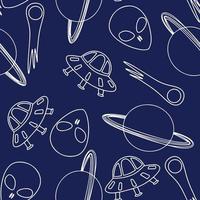 Dark blue space pattern with white outline elements. Vector illustration