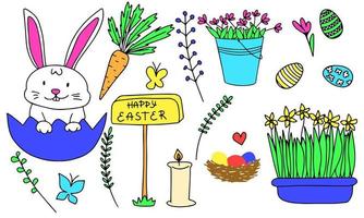 Symbols Easter in doodle style with color. Hand drawn illustration in vector with outline. Bunny, eggs, flower, spring.