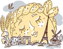 Illustration of a huge bread roll and spikelets of cereals as the sky over the Eiffel Tower and other symbols of France vector