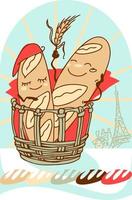 Illustration of humanized French baguettes with the Eiffel Tower in the background vector