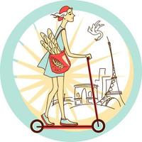 Illustration of a girl with a bag of delicious French baguettes on a scooter rides along a Parisian street with the Eiffel Tower in the background vector