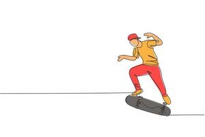 un dibujo de una sola línea de un joven patinador haciendo ejercicio montando patineta en la ilustración vectorial de la calle de la ciudad. estilo de vida adolescente y concepto de deporte extremo al aire libre. diseño moderno de dibujo de línea continua vector