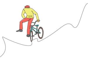 un dibujo de línea continua de un joven ciclista bmx que realiza un truco saltando al aire en el parque de patinaje. Ilustración de vector de concepto de deporte extremo. diseño de dibujo de una sola línea para el cartel de promoción de eventos