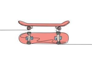 One continuous line drawing of set of old retro skateboard, side and top view. Hipster extreme classic sport concept single line graphic draw design vector illustration