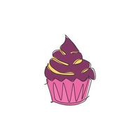 un dibujo de línea continua del delicioso emblema del logotipo del restaurante de muffins americanos frescos. concepto de plantilla de logotipo de tienda en línea de pastelería dulce. ilustración de vector de diseño de dibujo de línea única moderna