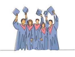 One single line drawing of group of male and female college student lift up their cap to the air to celebrate their school graduation. Education concept continuous line draw design vector illustration