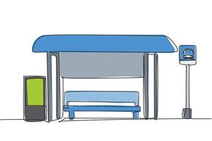 Single one line drawing of bus stops with shelter, simple bus signs and trash cans located on the side of urban roads where passengers get on and off. One line draw design graphic vector illustration.