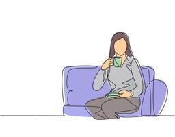 Single continuous line drawing of young businesswoman relax and take a coffee drink while sitting on the comfortable sofa. Drinking tea concept one line draw vector design graphic illustration