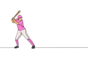 dibujo de una sola línea continua de un joven jugador de béisbol ágil listo para golpear la pelota. concepto de ejercicio deportivo. ilustración de vector de diseño gráfico de dibujo de una línea de moda para medios de promoción de béisbol