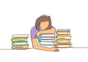 un dibujo de una sola línea de una joven estudiante universitaria aburrida que se queda dormida sobre una pila de libros mientras estudia en la biblioteca. concepto de aprendizaje. Ilustración de vector gráfico de diseño de dibujo de línea continua moderna