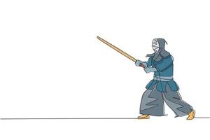 un dibujo de una sola línea de un joven enérgico que ejercita la posición de kendo con una espada de madera en la ilustración vectorial del centro de gimnasio. concepto de deporte de lucha combativa. diseño moderno de dibujo de línea continua vector