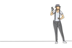 Continuous one line drawing female mime artist stands with gesture okay and white face make-up makes audience laugh with silent comedy. Great show. Single line draw design vector graphic illustration