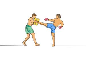 Single continuous line drawing of young sportive man kickboxer exercise with personal trainer in sport hall. Fight competition kickboxing sport concept. Trendy one line draw design vector illustration