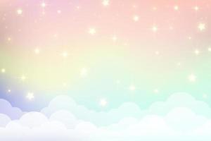 Fondo de unicornio arcoíris de fantasía holográfica con nubes y estrellas. cielo de color pastel. paisaje mágico, patrón fabuloso abstracto. lindo fondo de pantalla de dulces. vector.