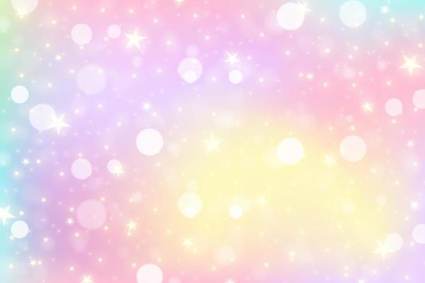 Rainbow unicorn background. Pastel gradient color sky with glitter. Magic galaxy space and stars. Vector abstract pattern.