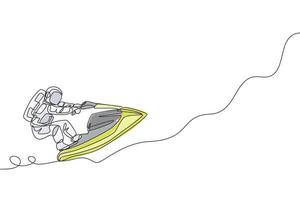 Single continuous line drawing of astronaut using jetski on moon surface, outer deep space. Space astronomy galaxy sport concept. Trendy one line draw graphic design vector illustration