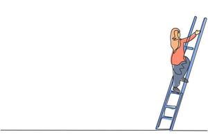 Single one line drawing of young smart Arab business woman climb the ladder up carefully, metaphor. Business growth minimal concept. Modern continuous line draw design graphic vector illustration