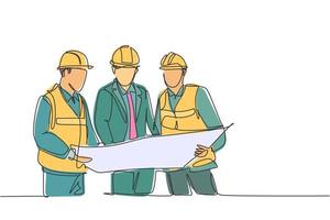 One continuous line drawing of young construction coordinator discussing construction design plan to team member. Building architecture business concept. Single line draw design graphic illustration vector