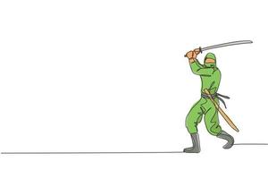 un dibujo de una sola línea de un joven ninja tradicional japonés enérgico sosteniendo una espada samurái en la ilustración vectorial de la pose de ataque. concepto de deporte de artes marciales combativas. diseño moderno de dibujo de línea continua vector
