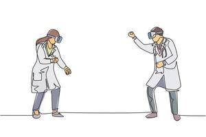 Single continuous line drawing of young male and female doctor ready to punch each other while playing simulation game. Virtual reality game player concept one line draw design vector illustration