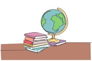 Earth globe beside books stack. Continuous one line drawing minimalist vector illustration design on white background. Simple line modern graphic style. Hand drawn graphic concept for education