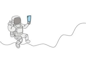 un dibujo de una sola línea del astronauta del hombre del espacio explorando la galaxia cósmica, pose selfie con la ilustración de vector de teléfono móvil. concepto de ficción de vida de espacio exterior de fantasía. diseño moderno de dibujo de línea continua