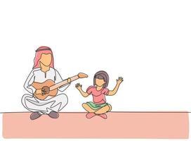 Single continuous line drawing of young Arabian dad entertain her daughter playing guitar on the floor. Islamic muslim happy family fatherhood concept. Trendy one line draw design vector illustration