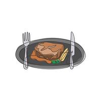 dibujo de una sola línea continua de filete de romero estilizado en plato con cuchillo y tenedor. concepto de logotipo de restaurante de bistec. ilustración gráfica de vector de diseño de dibujo de una línea moderna