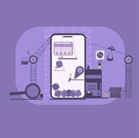 Mobile with tiny men building. Vector illustration in flat style. Mobile application development.