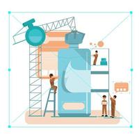 Plastic bottle with water and people at construction site. Flat vector illustration.