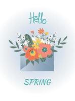 Hello spring. Spring flowers, leaves in envelope on blue background. vector