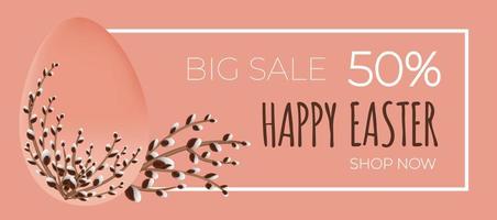 Happy easter sale. Willow branches with the easter egg on pink background. Can be add text. Design for banner, poster, postcard, flyer. EPS10. vector