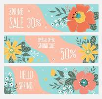 Spring sale banner in horizontal format. Hello spring. Spring flowers, leaves. vector