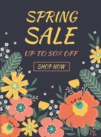 Hello spring. Sale banner with spring flowers, leaves on dark background. vector