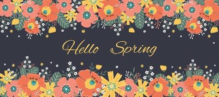 Hello spring. Greeting card with spring flowers, leaves. vector