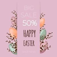 Happy easter sale. Willow branch with the easter eggs on purple background. Can be add text. vector