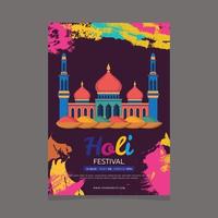 A poster for holi festival with a mosque in the background. vector