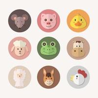 Set of animal circle face. Cute simple animal icon in circle each color. Mouse, Pig, Duck, Sheep, Frog, Cow, Alpaca, Horse and Chicken. vector