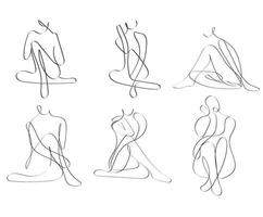 Hand-drawn abstract females figure sitting pose continues line art vector