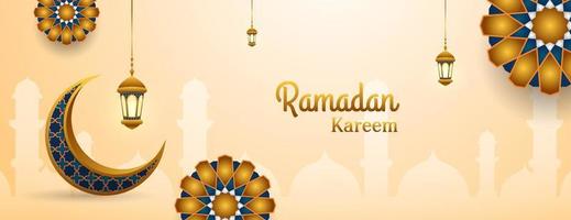 realistic ramadan kareem banner in gold and blue color with moon, lantern and mandala. islamic vector illustration
