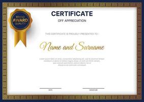 certificate of appreciation template in gold,white and dark blue color.Clean certificate design with golden badge. vector