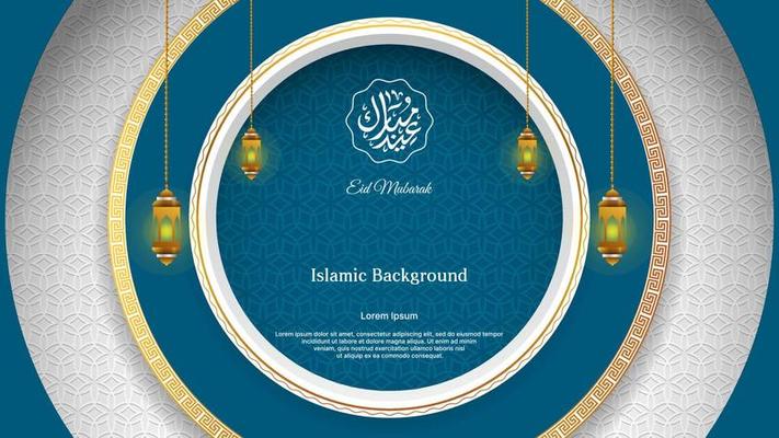 Islamic background design with circular concept for eid mubarak and ramadan kareem. islamic vector design in white, gold and blue color.