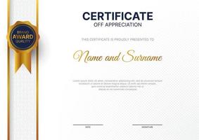 certificate of appreciation template in gold,white and dark blue color.Clean certificate design with golden badge. vector