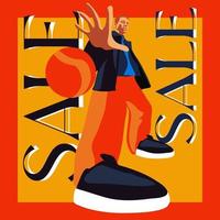 A modern trendy guy in big sneakers with a basketball. Discount, Black Friday or seasonal sale, promotion. A bright, modern advertising banner with a fashionable sale of stylish things. Broken vector