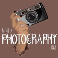 World Photographer's Day. The retro camera is held in the hand on a neutral background. A woman's hand holds a camera. Printing on paper and textiles. Greeting cards for the holiday vector