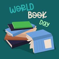 World Book Day. A stack of colorful books with text and an open book on a dark background. Illustration of the vector of education. A postcard, a banner, a flyer for the book day. Printing on paper